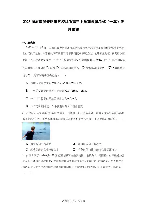 2025届河南省安阳市多校联考高三上学期调研考试(一模)物理试题