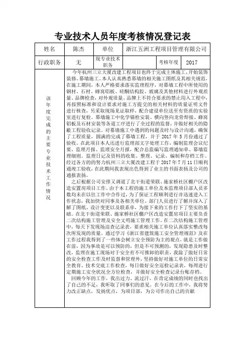 专业技术人员年度考核情况登记表