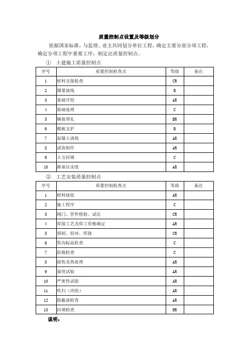 工程质量控制点等级划分表
