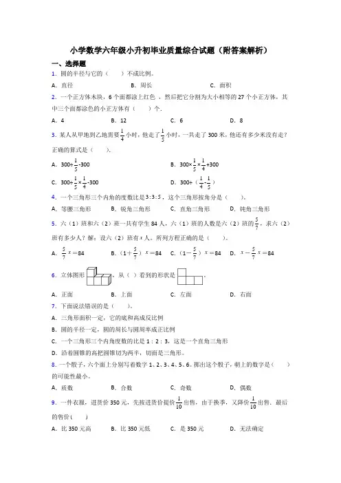 小学数学六年级小升初毕业质量综合试题(附答案解析)