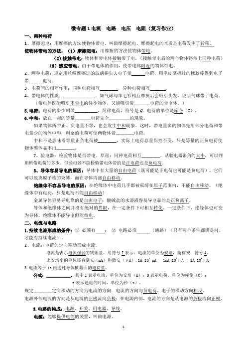 微专题1电流 电路 电压 电阻(复习电学知识点总结 打印版
