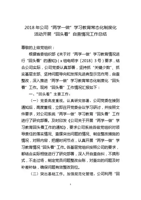 2018年公司“两学一做”学习教育常态化制度化活动开展“回头看”自查情况的工作总结