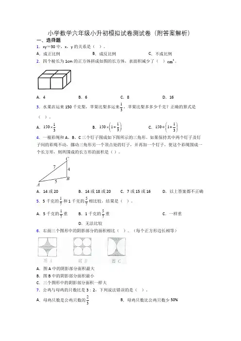 小学数学六年级小升初模拟试卷测试卷(附答案解析)
