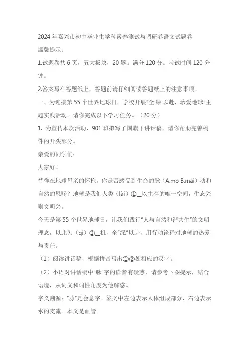 2024年浙江省嘉兴市中考二模语文试题(原卷版+解析版)