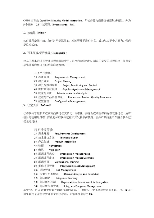 CMMI的5个级别和25个过程域