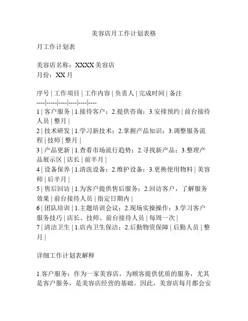 美容店月工作计划表格