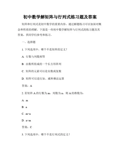 初中数学解矩阵与行列式练习题及答案