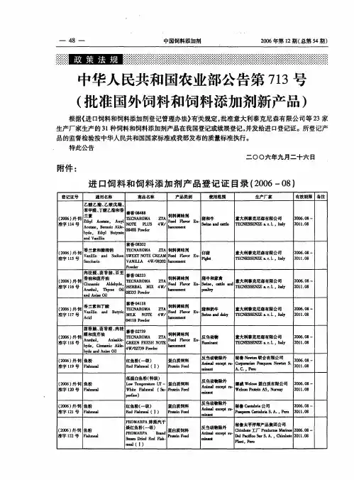 中华人民共和国农业部公告第713号(批准国外饲料和饲料添加剂新产品)