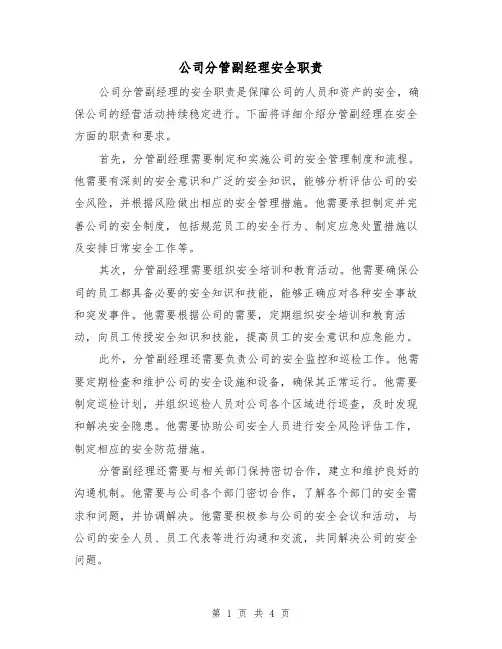 公司分管副经理安全职责(三篇)