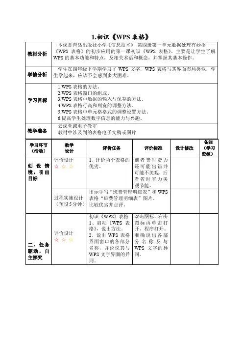 五年级下学期信息技术第1课初识WPS表格(教案) 青岛版