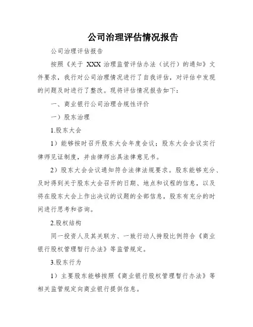 公司治理评估情况报告
