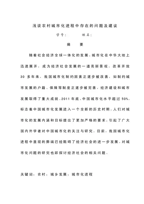 浅谈农村城市化进程中存在的问题及建议——全文