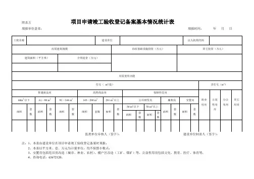 项目申请竣工验收登记备案基本情况统计表