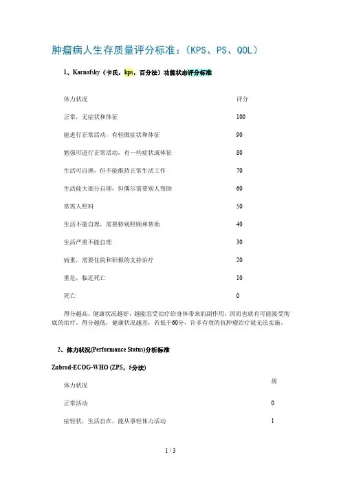 最全肿瘤病人评分标准(PS、KPS、QOL、ECOG)