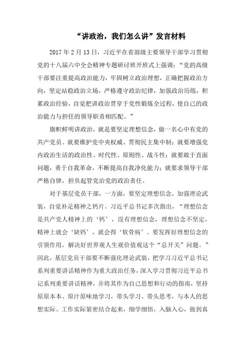 党政班子“讲政治,我们怎么讲”发言材料