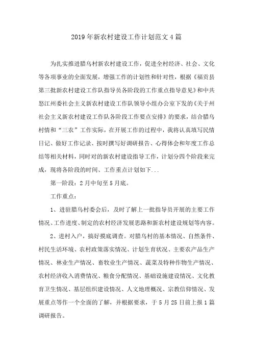 2019年新农村建设工作计划范文4篇