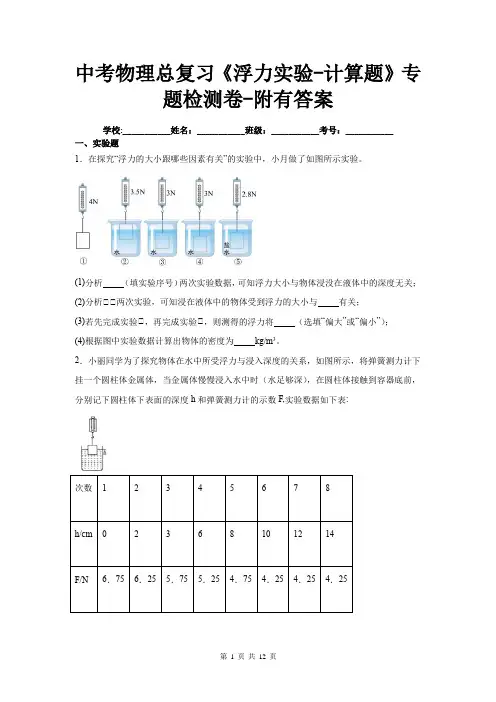 中考物理总复习《浮力实验-计算题》专题检测卷-附有答案