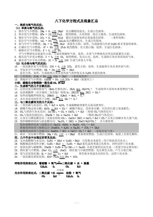 浙教版科学八下化学方程式及现象汇总