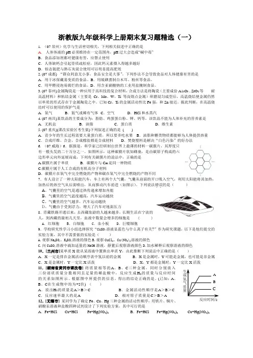 浙教版九年级科学上册期末复习题精选(含答案)(一)