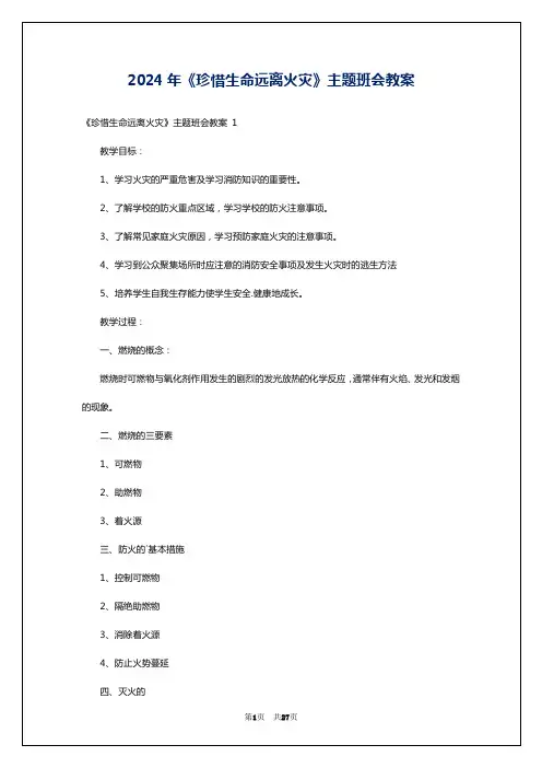 2024年《珍惜生命远离火灾》主题班会教案