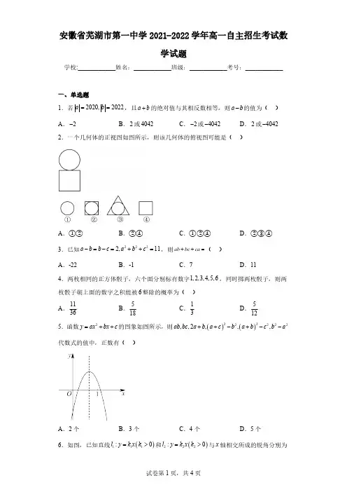 安徽省芜湖市第一中学2021-2022学年高一自主招生考试数学试题