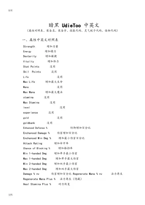 暗黑UdieToo中英属性对照、装备名称、技能代码、怪物代码、灵气赋予大数据代码汇总情况