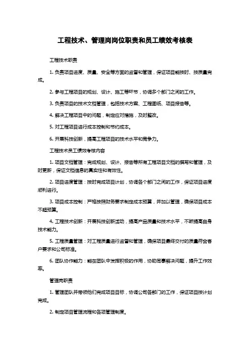 工程技术、管理岗岗位职责和员工绩效考核表