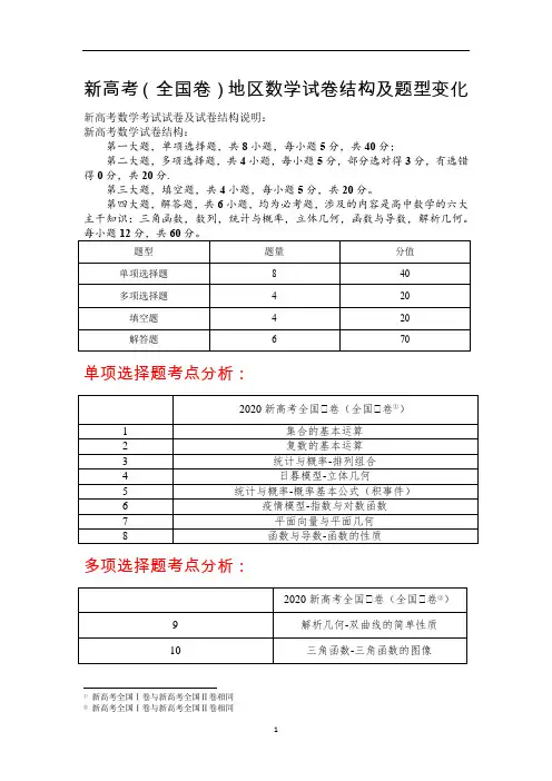 新高考(全国卷地区)数学考试试卷结构及题型变化(不分文理)