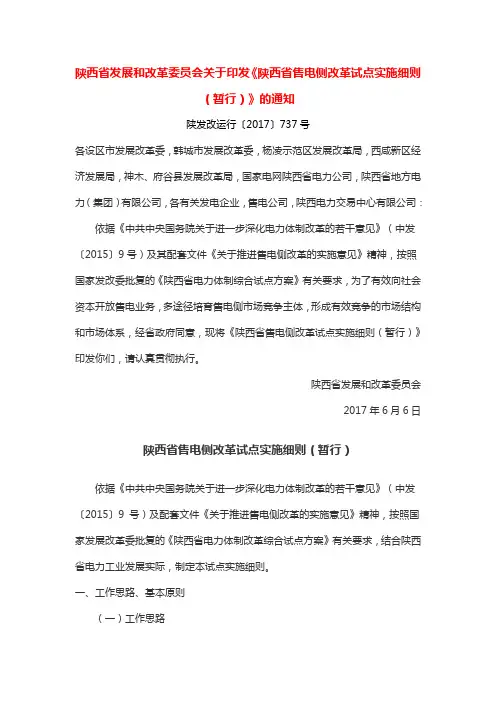 陕西省售电侧改革试点实施细则(暂行)