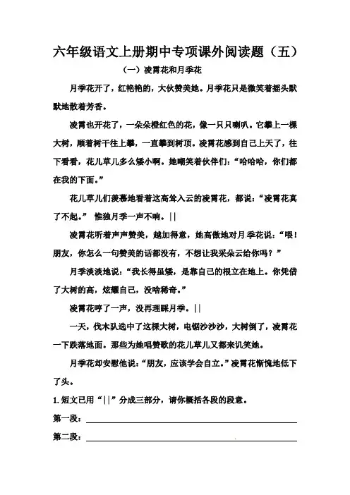人教部编版小学六年级语文上册期中专项课外阅读题(含答案)
