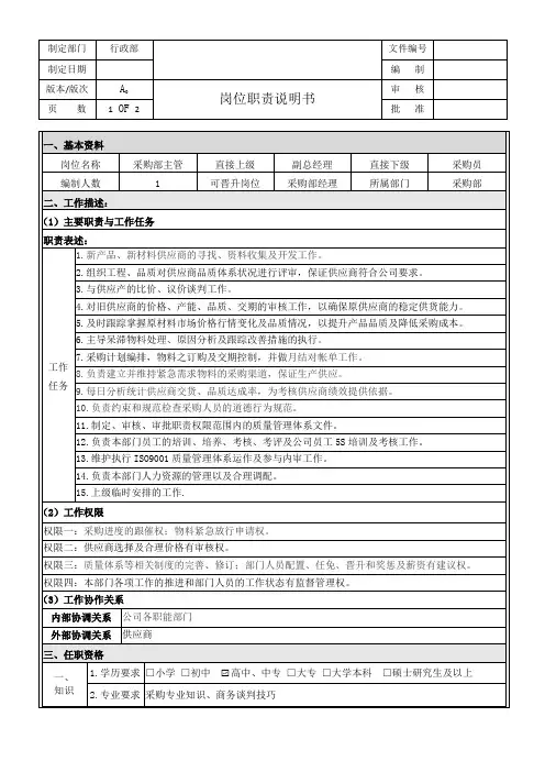 采购部主管岗位职责说明书