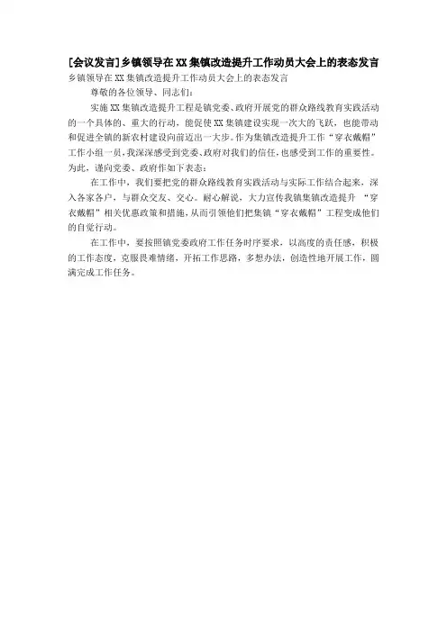 [会议发言]乡镇领导在XX集镇改造提升工作动员大会上的表态发言