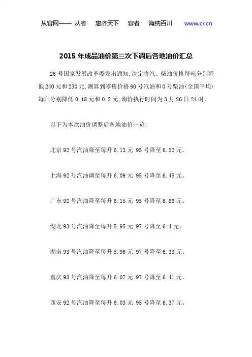 2015年成品油价第三次下调后各地油价汇总