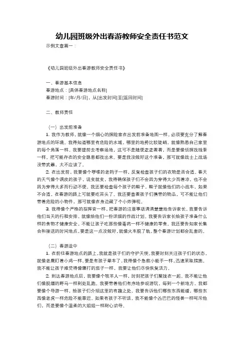 幼儿园班级外出春游教师安全责任书范文