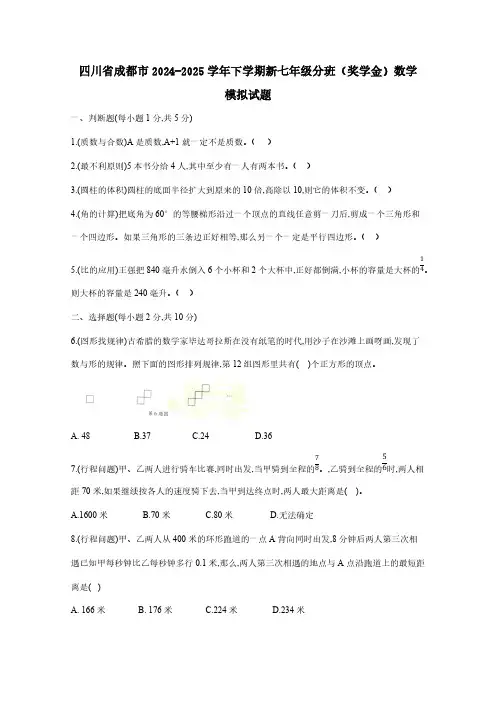 四川省成都市2024-2025学年下学期新七年级分班(奖学金)数学模拟试题(含答案)