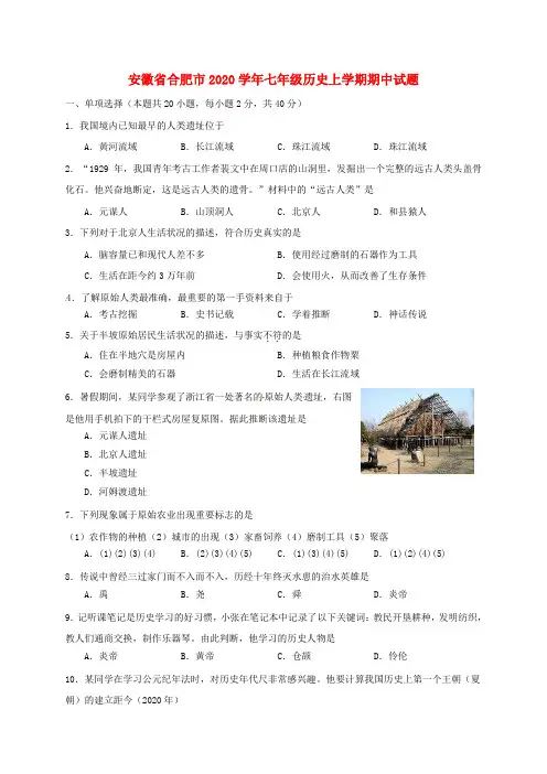 安徽省合肥市2020学年七年级历史上学期期中试题 新人教版