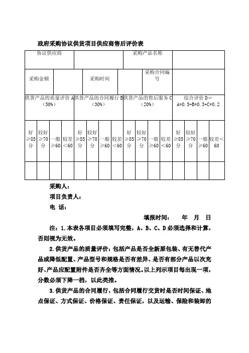政府采购协议供货项目供应商售后评价表