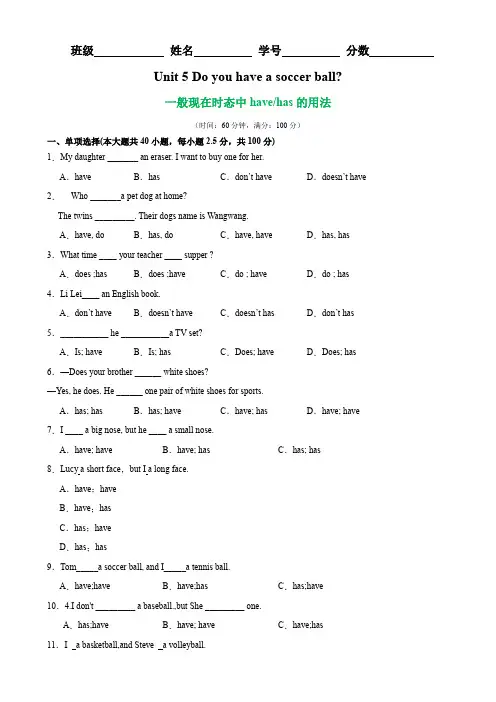 Unit 5 Grammar语法 一般现在时态中have,has的用法-2024-2025学年七年级