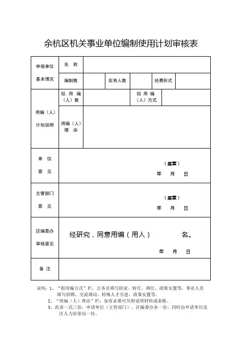 机关事业单位用编计划审核表