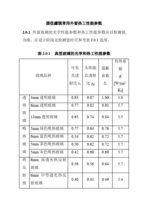 居住建筑常用外窗热工性能参数