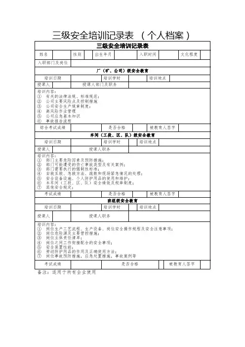 三级安全培训记录表 (个人档案)