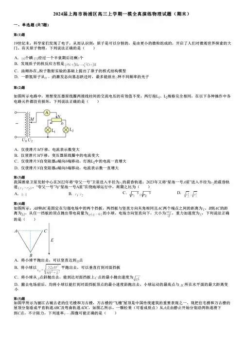 2024届上海市杨浦区高三上学期一模全真演练物理试题(期末)