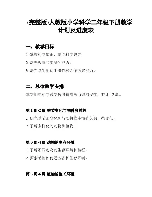 (完整版)人教版小学科学二年级下册教学计划及进度表