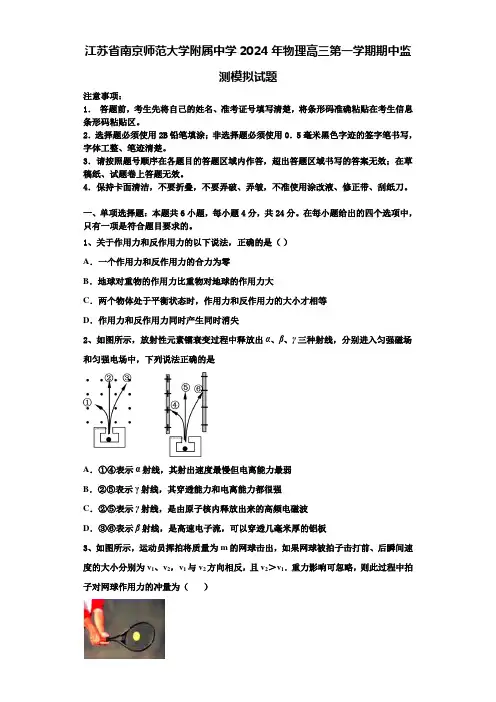 江苏省南京师范大学附属中学2024年物理高三第一学期期中监测模拟试题含解析