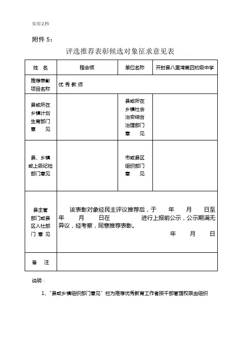 评选推荐表彰候选对象征求意见表