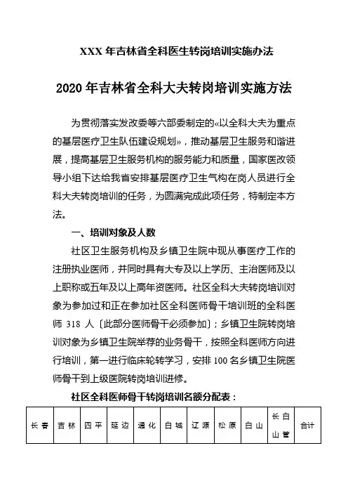 XXX年吉林省全科医生转岗培训实施办法