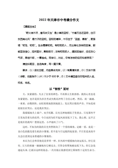 2022年天津市中考满分作文《以“韧性”面对》