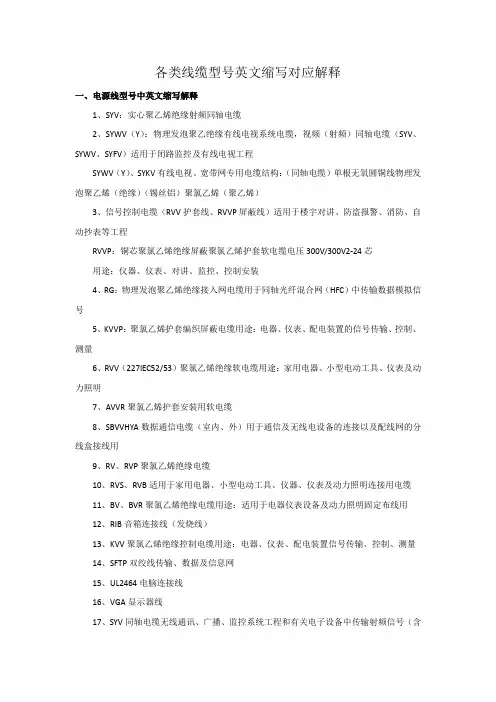 各类线缆型号英文缩写对应解释