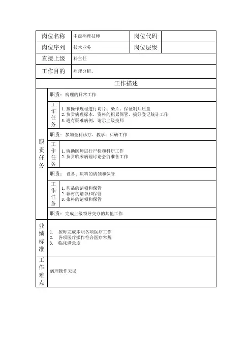 岗位说明书医院中级病理技师