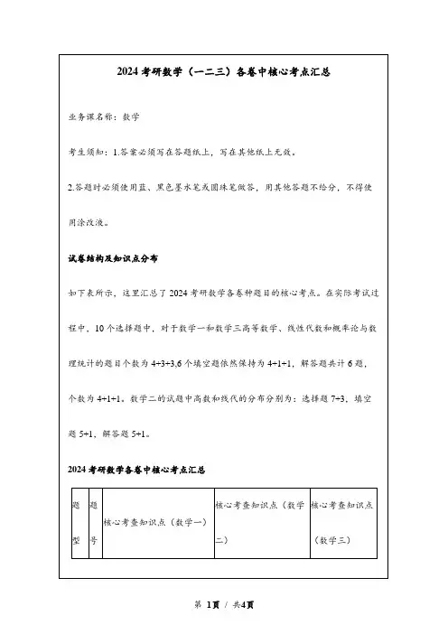 2024考研数学(一二三)各卷中核心考点汇总
